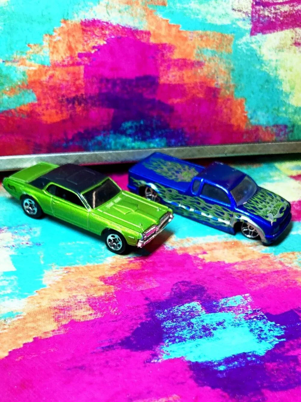 HOT WHEELS COLLECTIBLE TOYS- *2001* Green '68 Cougar & *2003* Blue Steel Flame